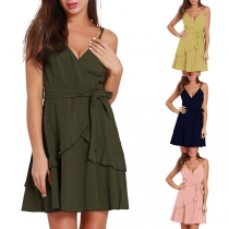 Sexy Backless V-neck Solid Color Sling Dress