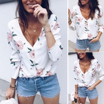 Fashion Long Sleeve V-neck Single-breasted Printed Blouse 