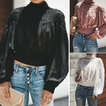 Fashion Solid Color Lantern Sleeve Mock Neck Solid Color Top 