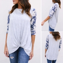 Fashion Printed Spliced Long Sleeve Knotted Hem T-shirt