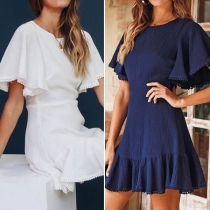 Sexy Backess Lotus Sleeve Ruffle Hem Solid Color Dress