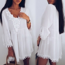 Fashion Solid Color 3/4 Sleeve V-neck Lace Spliced Loose Dress