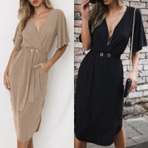 Elegant Solid Color Half Sleeve V-neck High Waist Dress