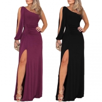 Sexy One-shoulder Slit Hem High Waist Solid Color Party Dress