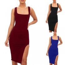 Sexy Slit Hem Sleeveless Square Collar Slim Fit Dress