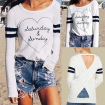 Fashion Letters Printed V-shaped Backless Long Sleeve T-shirt