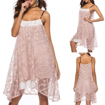 Sexy Backless Irregular Hem Sling Lace Dress