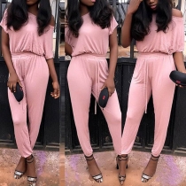 Fashion Solid Color Short Sleeve Boat Neck High Waist Jumpsuit