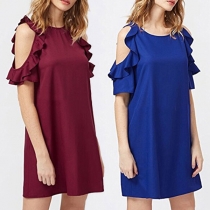 Sexy Off-shoulder Lotus Sleeve Round Neck Solid Color Dress