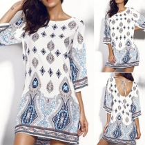 Sexy Backless Half Sleeve Round Neck Printed Dress