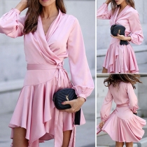 Sexy V-neck Long Sleeve Irregular Hem Solid Color Dress