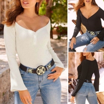 Sexy V-neck Long Sleeve Solid Color Slim Fit Top