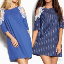 Sexy Off-shoulder Lace Spliced Half Sleeve Round Neck Dress