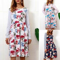 Fashion Striped Spliced Long Sleeve Round Neck Printed Dress