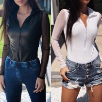Sexy See-through Gauze Spliced Long Sleeve Stand Collar Top