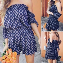 Sexy Off-shoulder Boat Neck Short Sleeve Printed Romper  