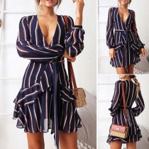 Sexy Deep V-neck Long Sleeve Striped Dress
