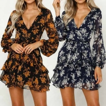 Sexy V-neck Long Sleeve Printed Dress
