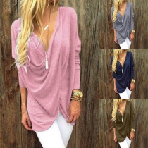 Fashion Solid Color 3/4 Sleeve V-neck Irregular Hem Top