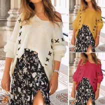 Fashion Solid Color Long Sleeve V-neck Lace-up Sweater