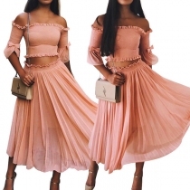 Sexy Off-shoulder Boat Neck Crop Top + High Waist Skirt Two-piece Set 