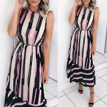 Fashion Sleeveless Round Neck Colorful Striped Dress