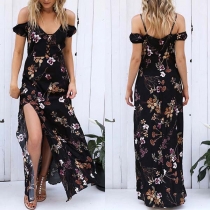 Sexy Off-shoulder V-neck Slit Hem High Waist Printed Dress