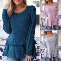 Fashion Solid Color Long Sleeve Round Neck Ruffle Hem T-shirt