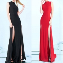 Sexy Slit Hem Sleeveless Solid Color Party Dress