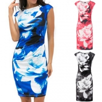 Fashion Cap Sleeve Round Neck Slim Fit Printed Dress