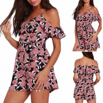 Sexy Off-shoulder V-neck High Waist Printed Sling Romper