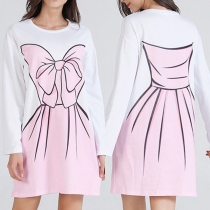 Sweet Bowknot Printed Long Sleeve Round Neck T-shirt Dress