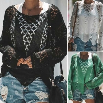 Fashion Solid Color Long Sleeve Irregular Hem Hollow Out Knit Top