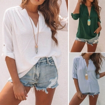 Fashion Solid Color Long Sleeve V-neck Back-slit Hem Top
