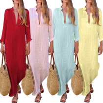 Sexy V-neck Slit Hem Long Sleeve Solid Color Dress