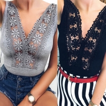 Sexy Lace Spliced Deep V-neck Sleeveless Bodysuit