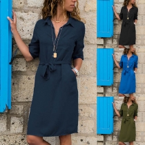 Fashion Solid Color 3/4 Sleeve POLO Collar Shirt Dress