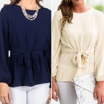 Fashion Solid Color Lantern Sleeve Round Neck Lace-up Chiffon Top