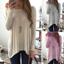 Fashion Solid Color Long Sleeve Boat Neck Irregular Hem T-shirt