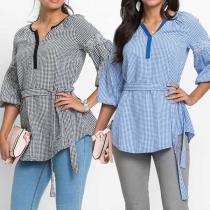 Fashion 3/4 Lantern Sleeve V-neck Plaid Top