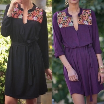Fashion Long Sleeve V-neck Printed Loose Dress with Waist Strap