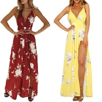 Sexy Backless Deep V-neck Slit Hem Printed Sling Dress