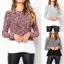 Fashion Mixed Color Long Sleeve Round Neck Ruffle Spliced Hem Sweater