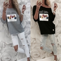 Fashion Long Sleeve Boat Neck Lollipop Printed Loose T-shirt 