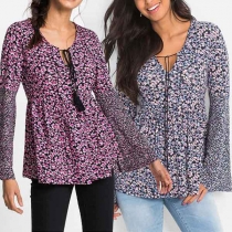 Fashion Trumpet Sleeve Lace-up Round Neck Printed Top