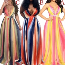 Sexy Backless Deep V-neck High Waist Sling Raainbow Dress