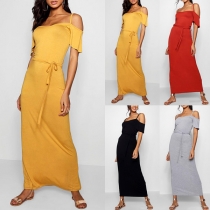 Sexy Off-shoulder Short Sleeve Solid Color Sling Dress