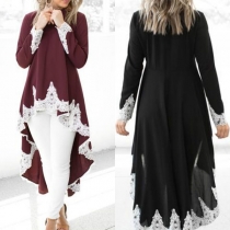 Fashion Round Neck Lace Trim Irregular Hem Long Sleeve Top