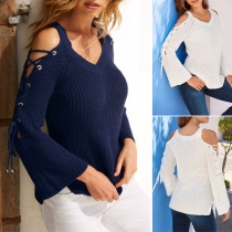 Fashion Deep V-neck Solid Color Off-shoulder Long Sleeve Bandaged Shirt