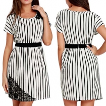 Fashion Short Sleeve Round Neck Lace Spliced Striped Dress